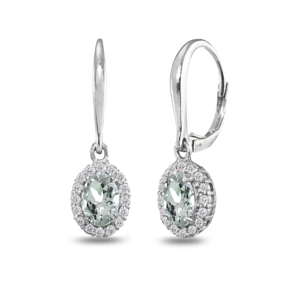 Sterling Silver Aquamarine & White Topaz Dainty Oval Dangle Halo Leverback Earrings-4