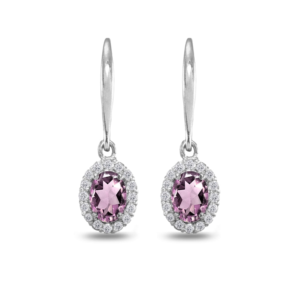Sterling Silver Created Alexandrite & White Topaz Dainty Oval Dangle Halo Leverback Earrings