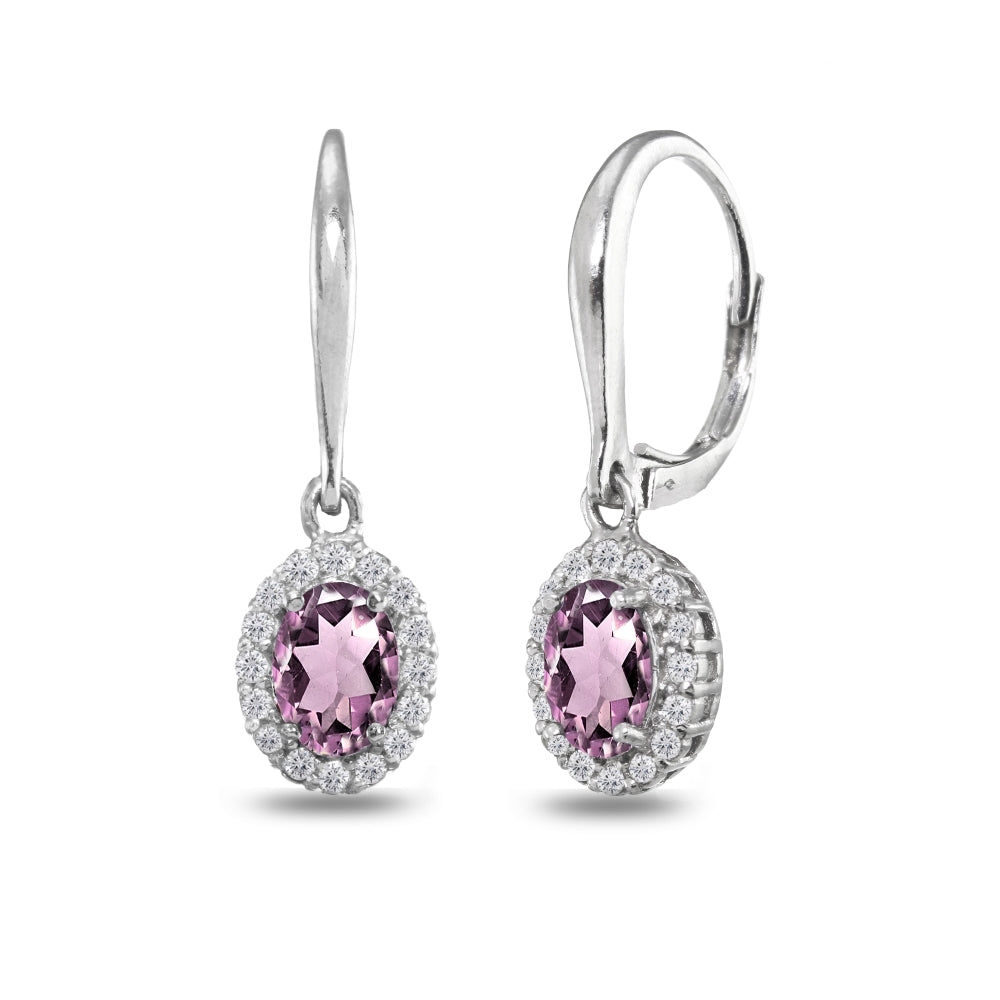 Sterling Silver Created Alexandrite & White Topaz Dainty Oval Dangle Halo Leverback Earrings-3