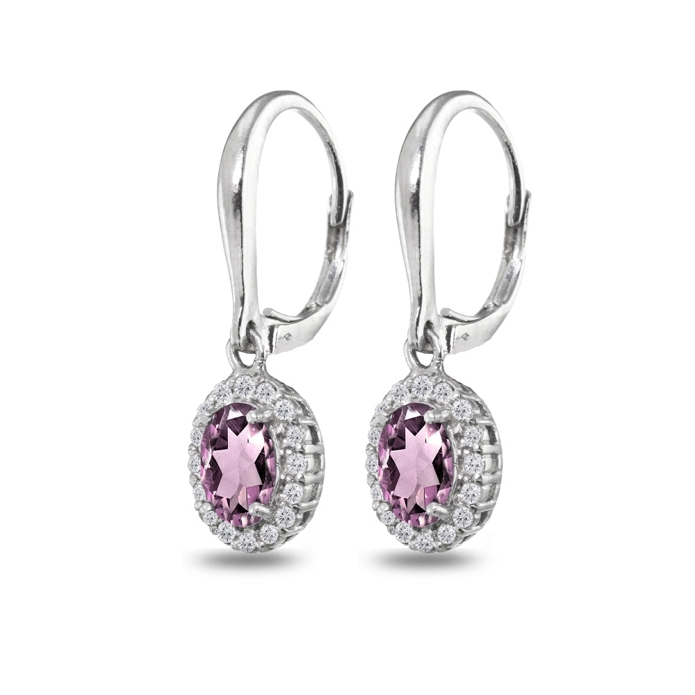 Sterling Silver Created Alexandrite & White Topaz Dainty Oval Dangle Halo Leverback Earrings-4