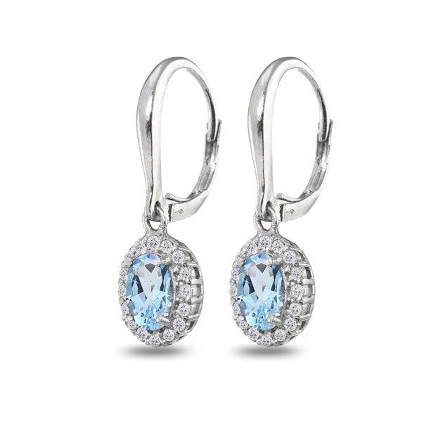 Sterling Silver Blue Topaz & White Topaz Dainty Oval Dangle Halo Leverback Earrings