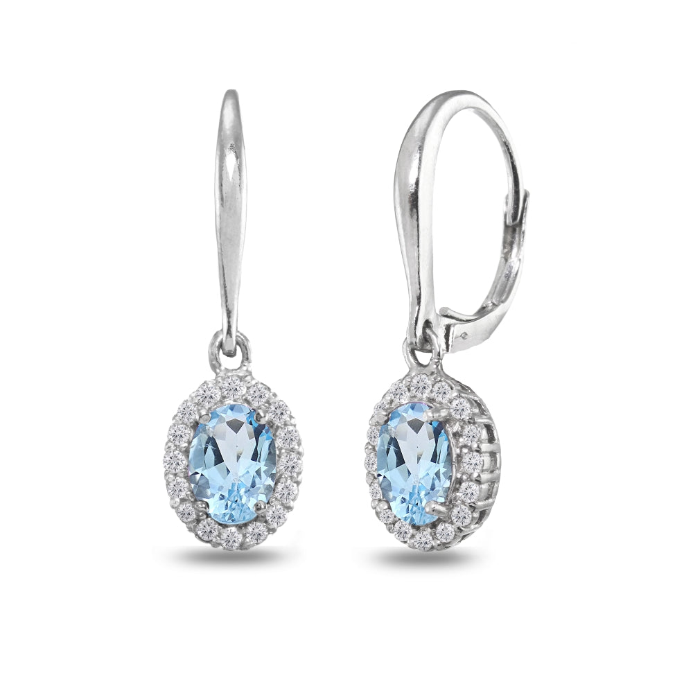 Sterling Silver Blue Topaz & White Topaz Dainty Oval Dangle Halo Leverback Earrings-4