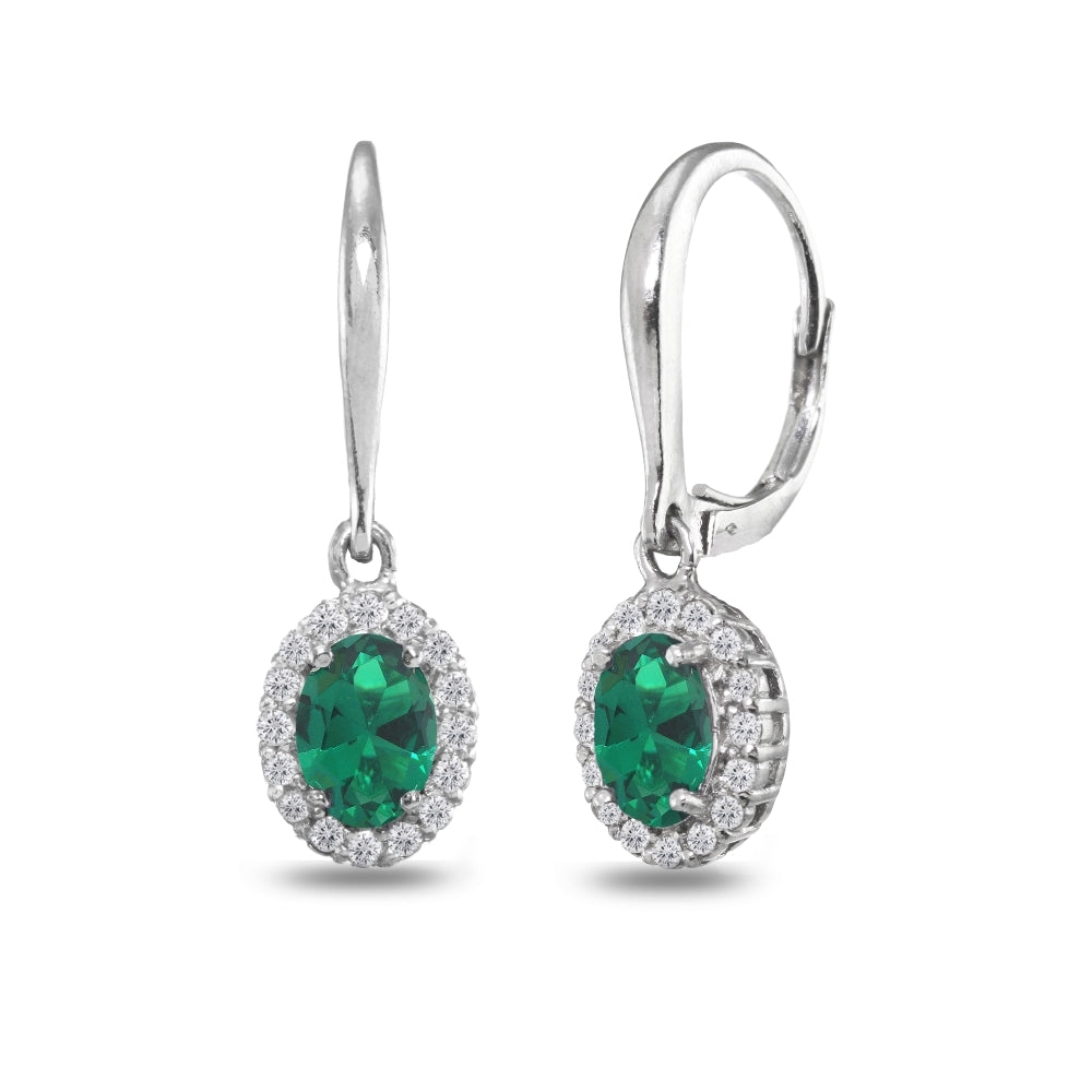 Sterling Silver Created Emerald & White Topaz Dainty Oval Dangle Halo Leverback Earrings