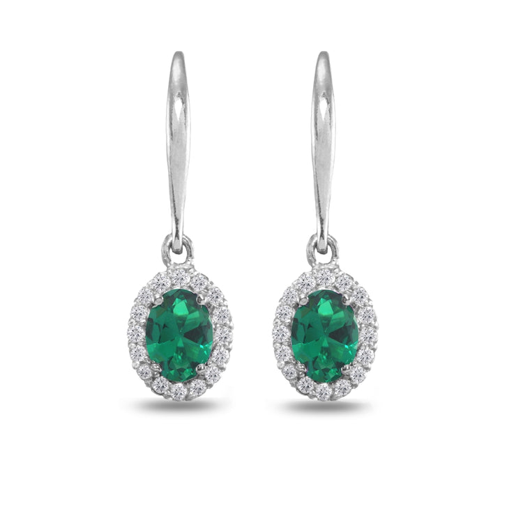Sterling Silver Created Emerald & White Topaz Dainty Oval Dangle Halo Leverback Earrings