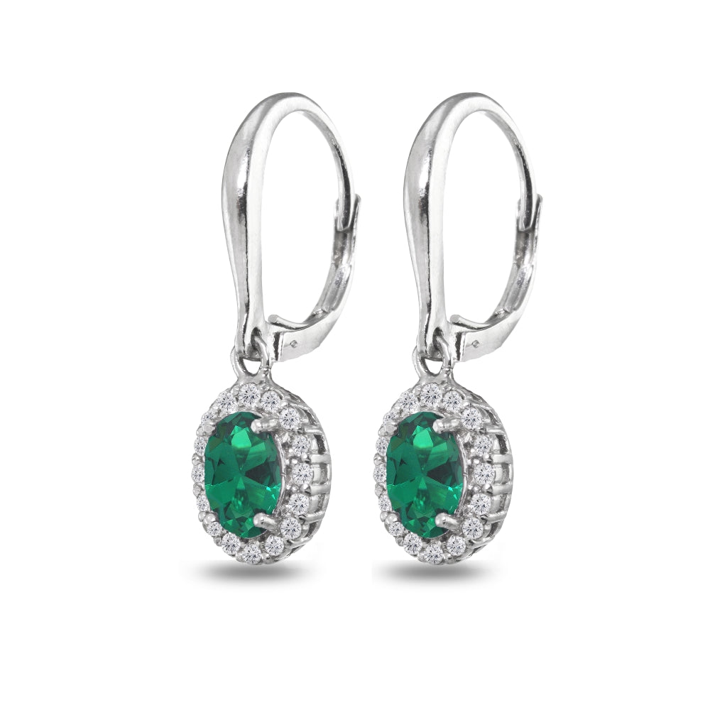 Sterling Silver Created Emerald & White Topaz Dainty Oval Dangle Halo Leverback Earrings-4