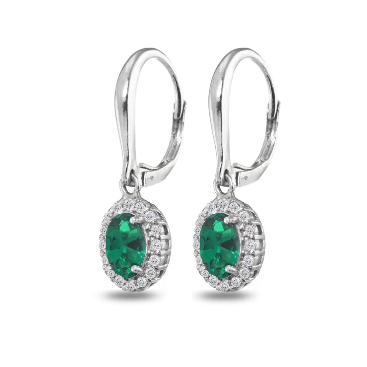 Sterling Silver Created Emerald & White Topaz Dainty Oval Dangle Halo Leverback Earrings