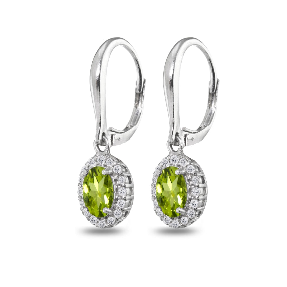 Sterling Silver Peridot & White Topaz Dainty Oval Dangle Halo Leverback Earrings-3