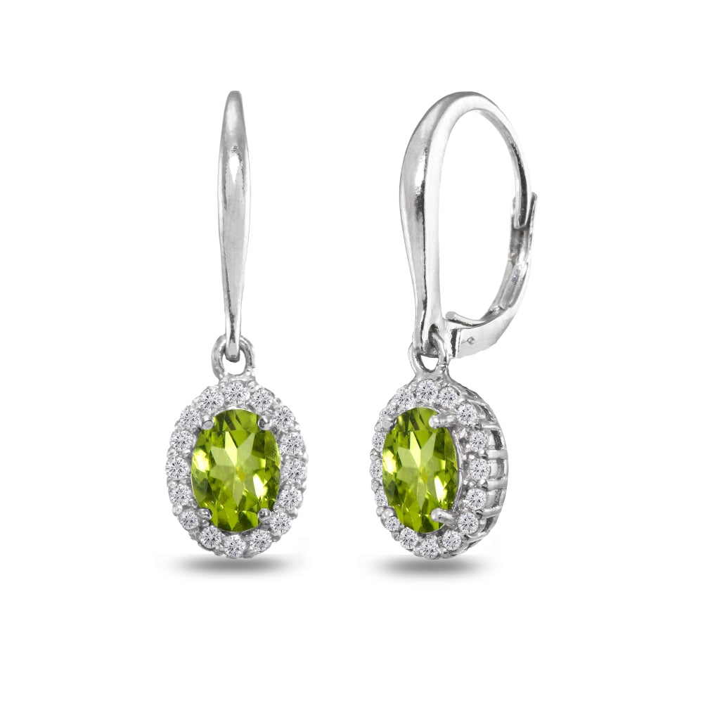 Sterling Silver Peridot & White Topaz Dainty Oval Dangle Halo Leverback Earrings-4