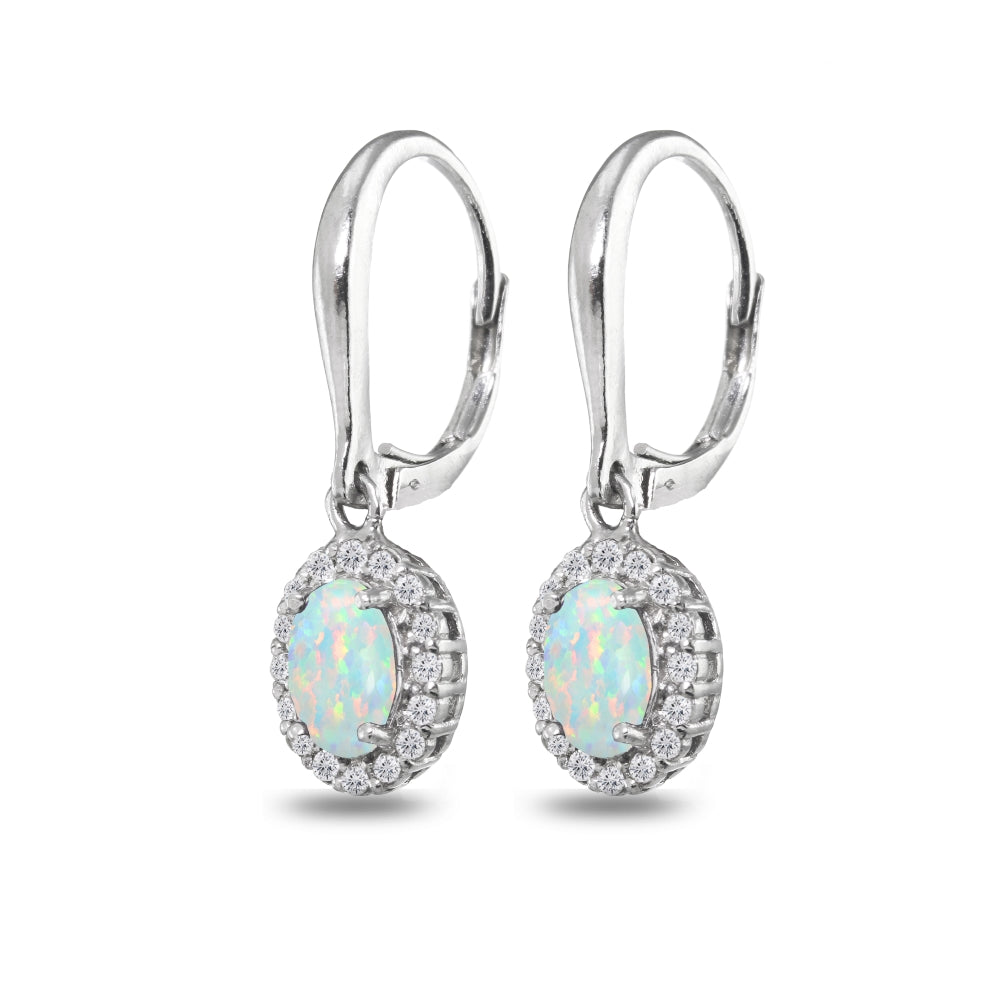 Sterling Silver Created Opal & White Topaz Dainty Oval Dangle Halo Leverback Earrings-3