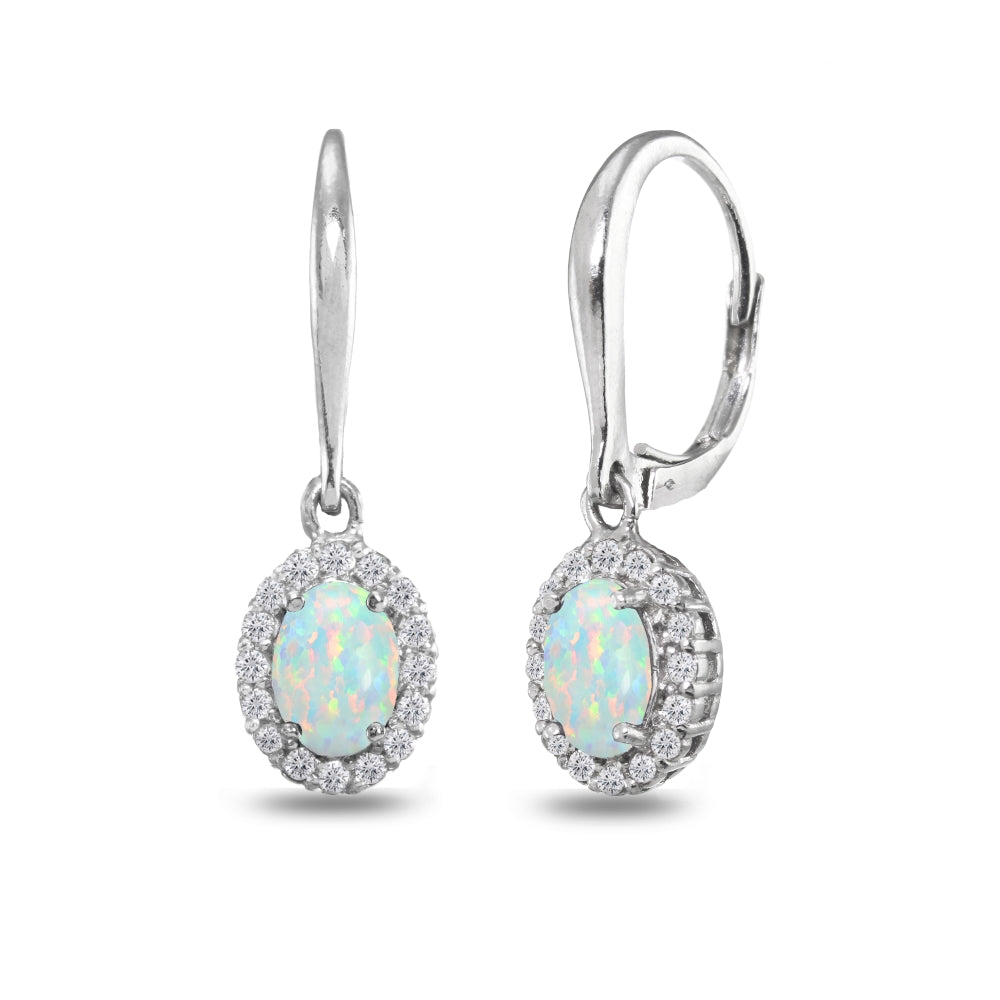 Sterling Silver Created Opal & White Topaz Dainty Oval Dangle Halo Leverback Earrings-4