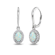 Sterling Silver Created Opal & White Topaz Dainty Oval Dangle Halo Leverback Earrings