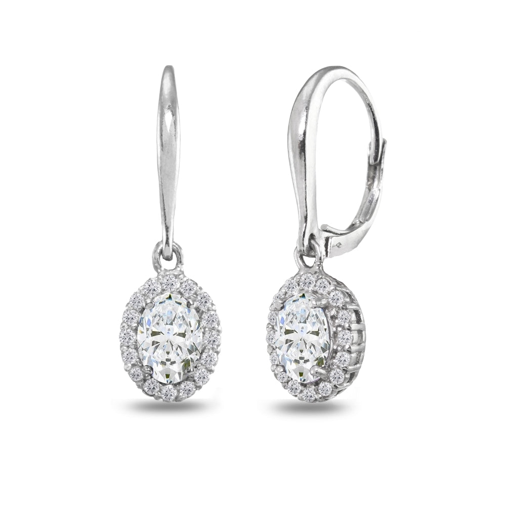 Sterling Silver Cubic Zirconia Dainty Oval Dangle Halo Leverback Earrings