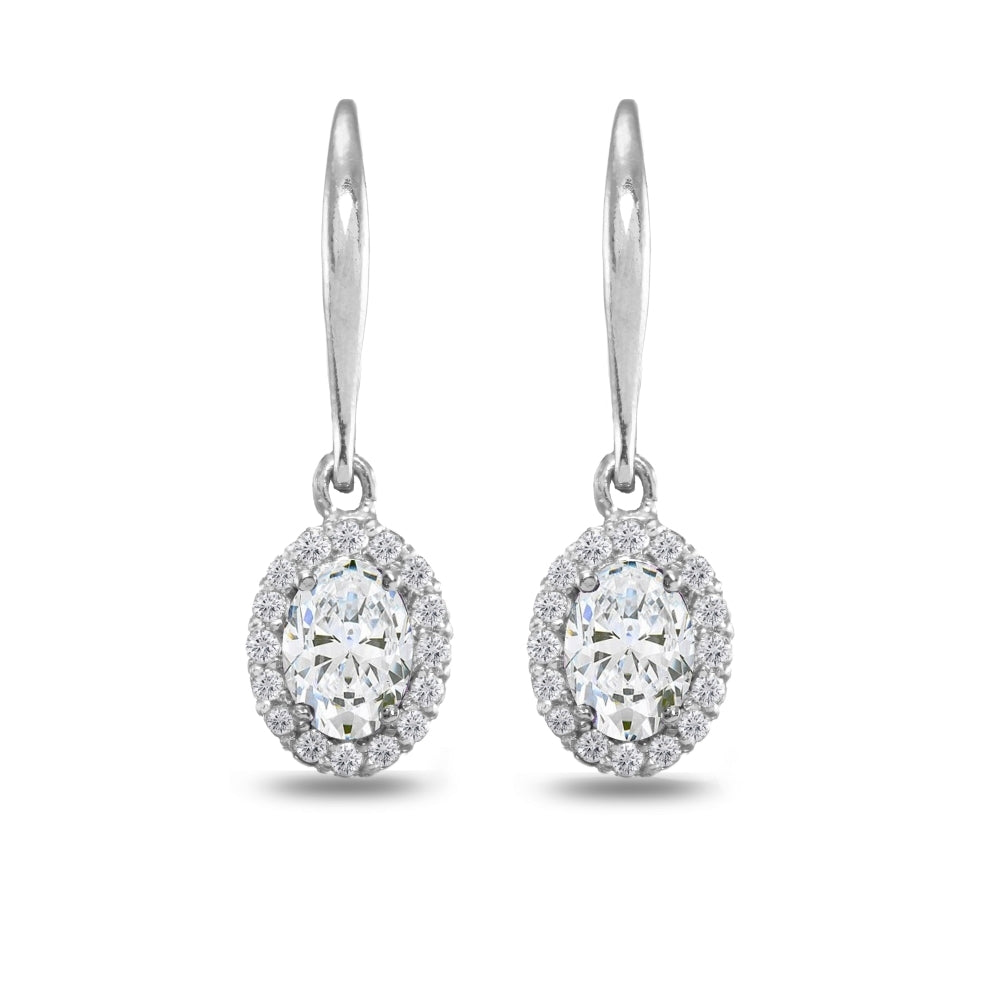 Sterling Silver Cubic Zirconia Dainty Oval Dangle Halo Leverback Earrings-2