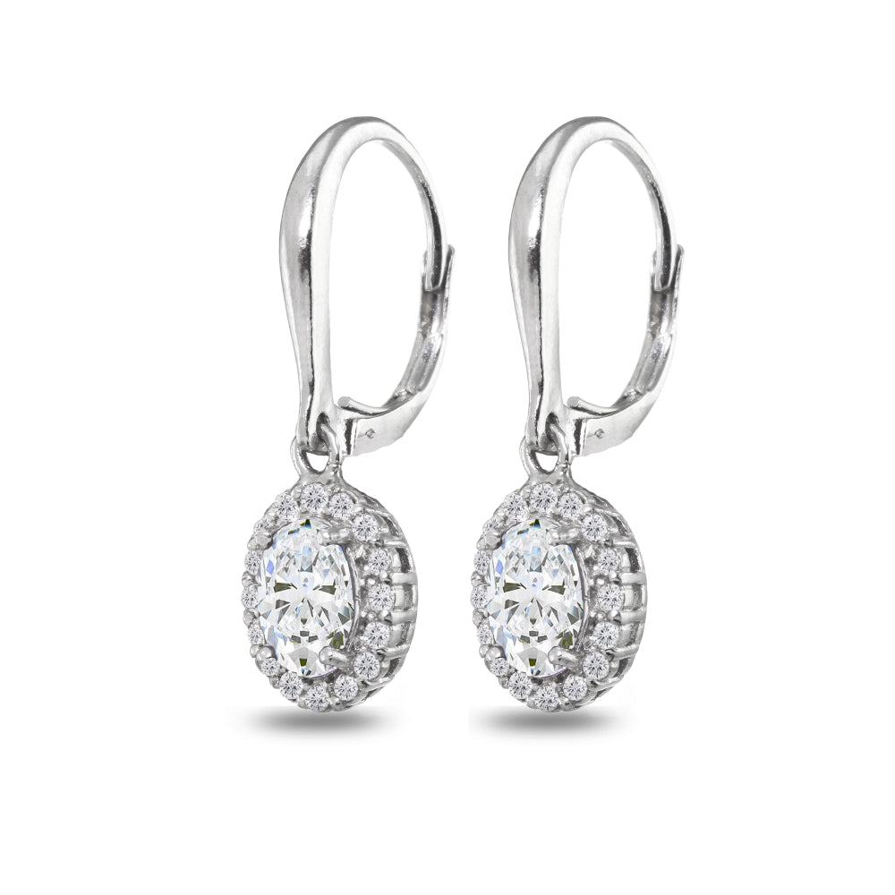 Sterling Silver Cubic Zirconia Dainty Oval Dangle Halo Leverback Earrings-4