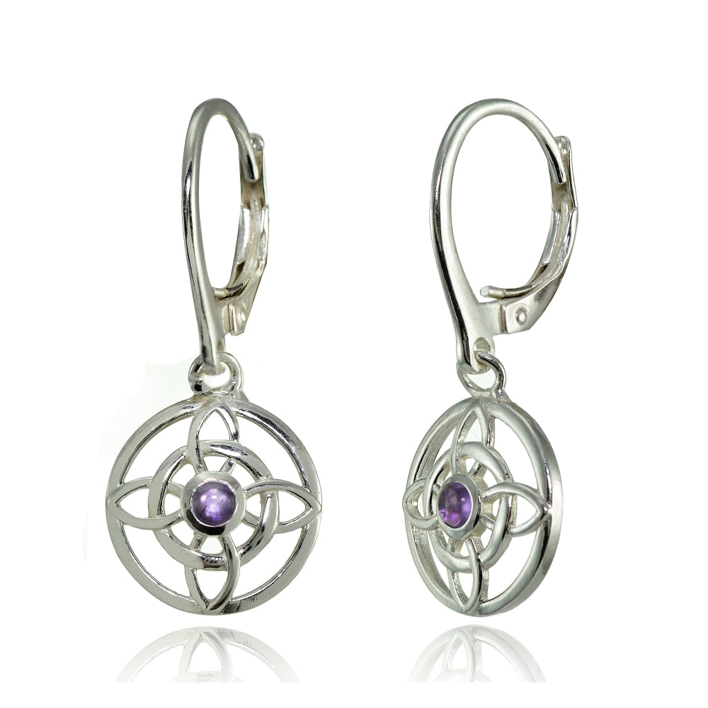 Sterling Silver Amethyst Round Filigree Flower Dangle Leaverback Earrings