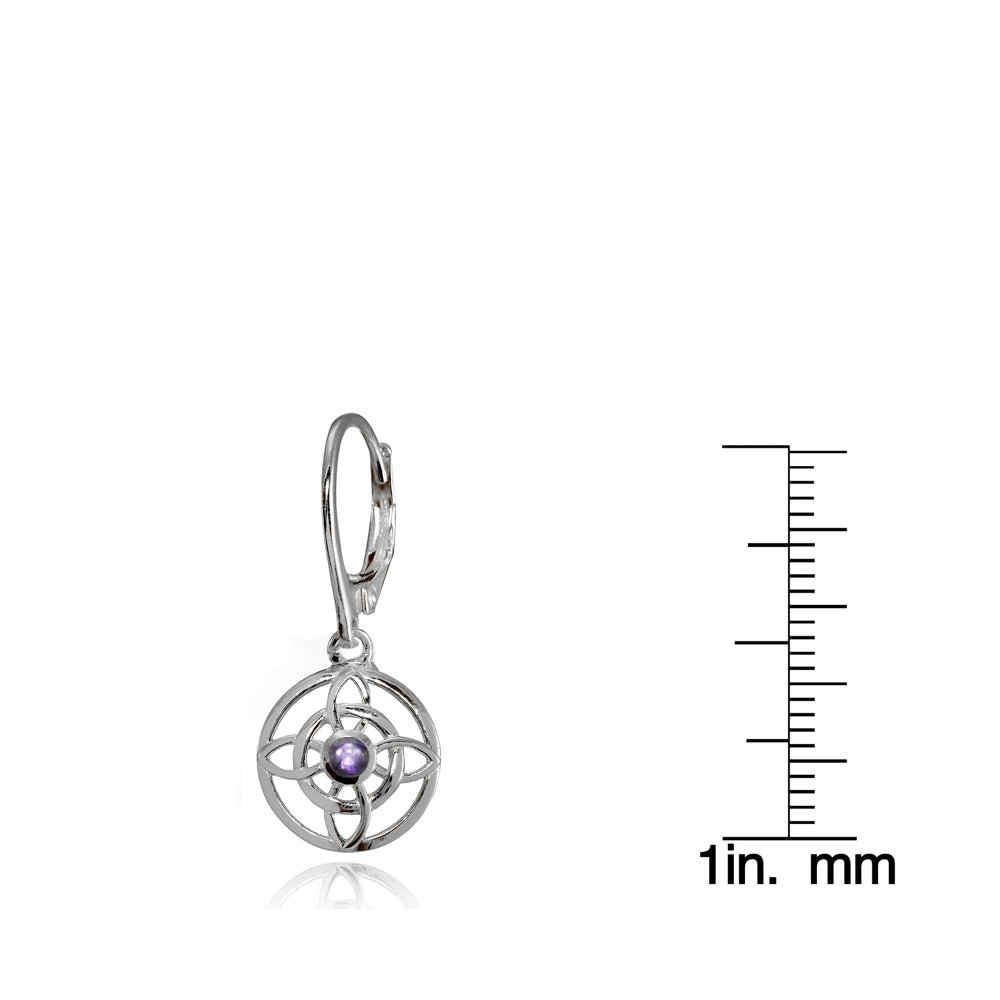 Sterling Silver Amethyst Round Filigree Flower Dangle Leaverback Earrings-4