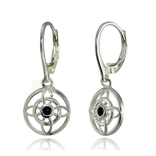 Sterling Silver Created Onyx Round Filigree Flower Dangle Leaverback Earrings