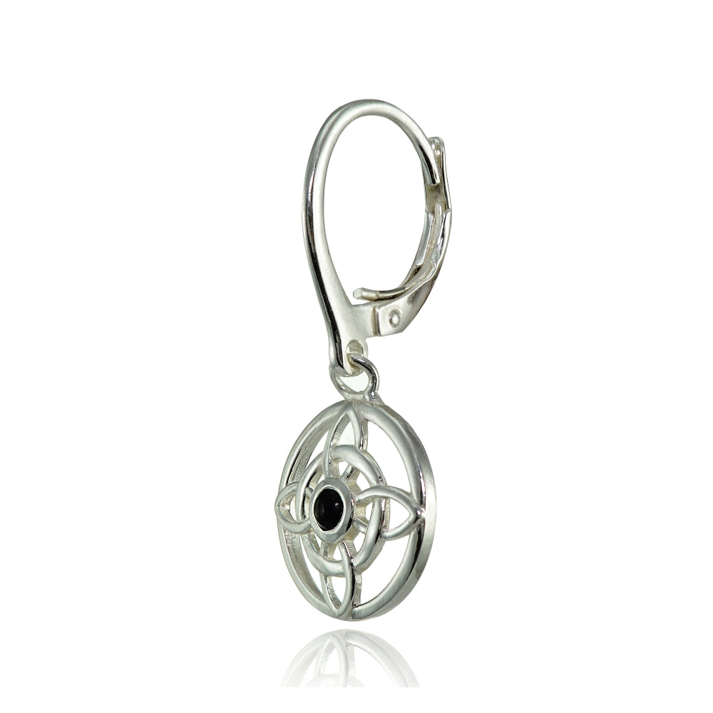 Sterling Silver Created Onyx Round Filigree Flower Dangle Leaverback Earrings-3