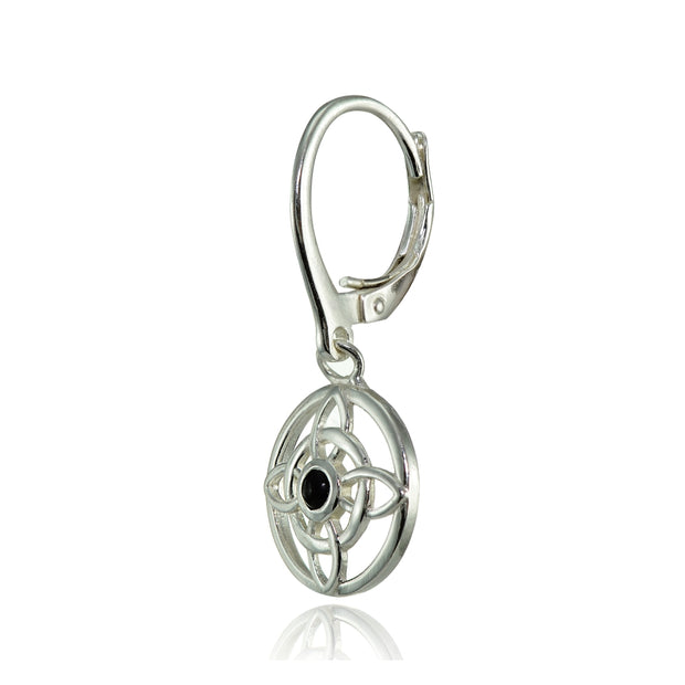 Sterling Silver Created Onyx Round Filigree Flower Dangle Leaverback Earrings