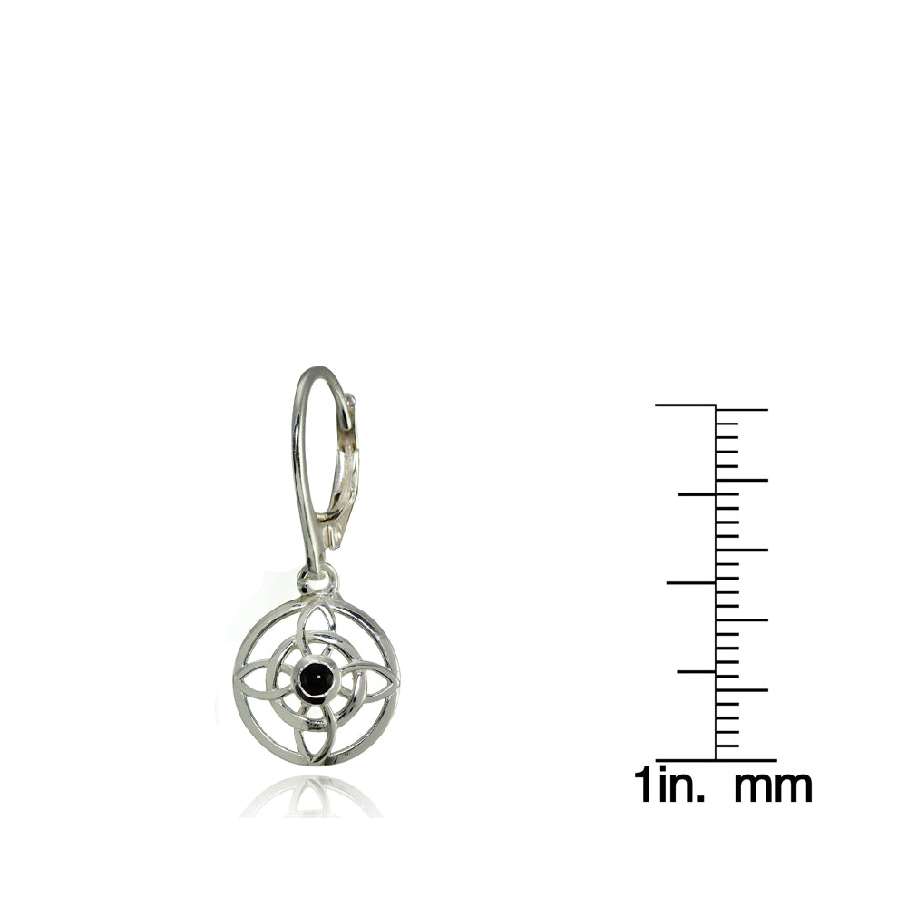 Sterling Silver Created Onyx Round Filigree Flower Dangle Leaverback Earrings-4