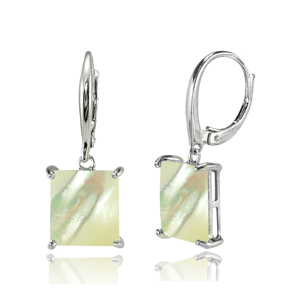 Sterling Silver Created Mother of Pearl Square Leverback Dangle Earrings