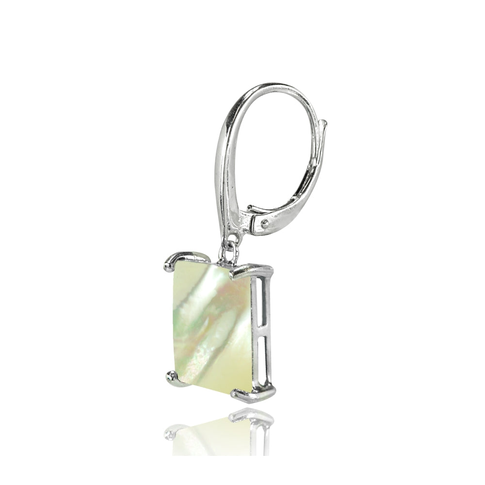 Sterling Silver Created Mother of Pearl Square Leverback Dangle Earrings-2