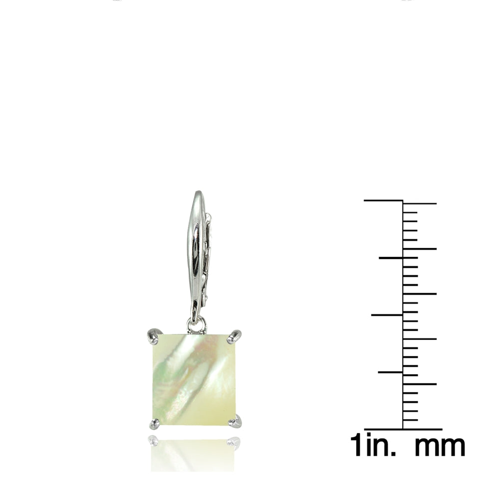 Sterling Silver Created Mother of Pearl Square Leverback Dangle Earrings-3