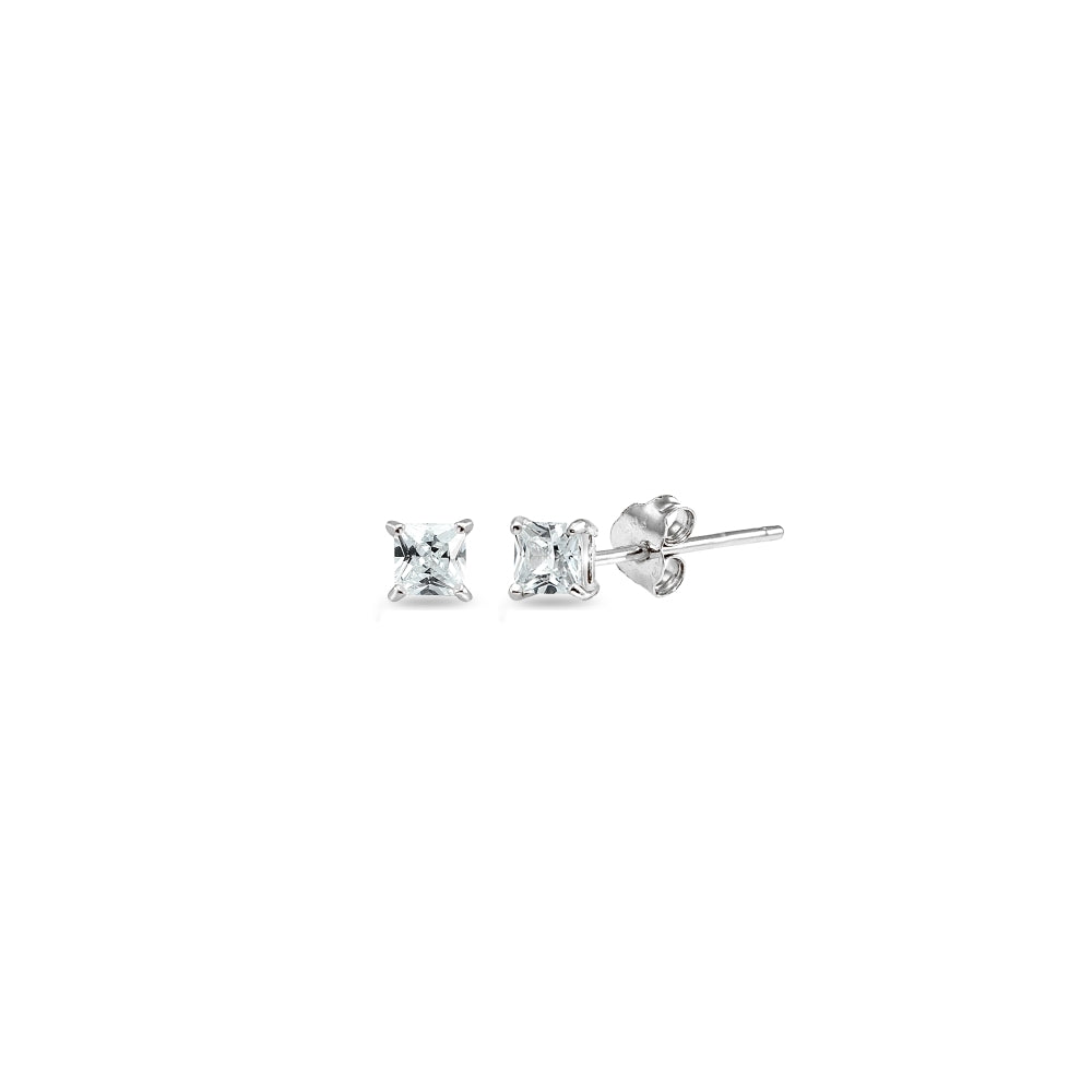 Sterling Silver Cubic Zirconia 2mm Princess-Cut Square Stud Earrings