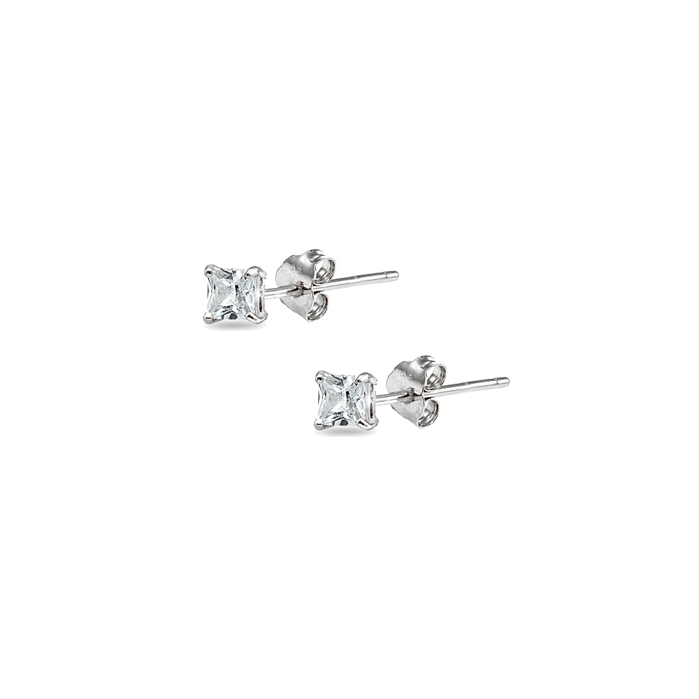 Sterling Silver Cubic Zirconia 2mm Princess-Cut Square Stud Earrings-2