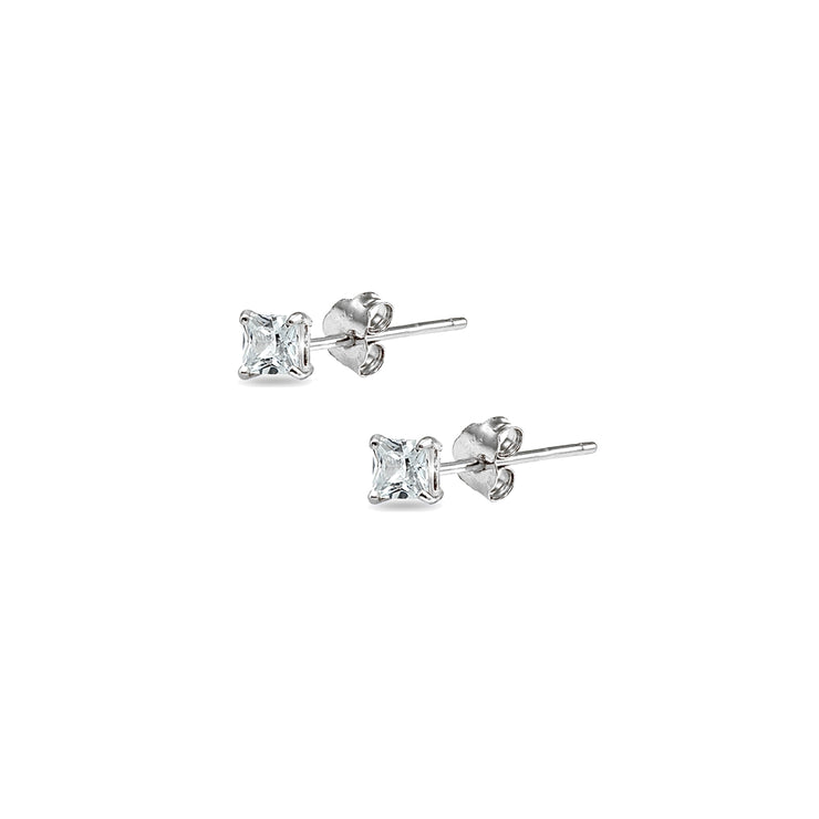 Sterling Silver Cubic Zirconia 2mm Princess-Cut Square Stud Earrings
