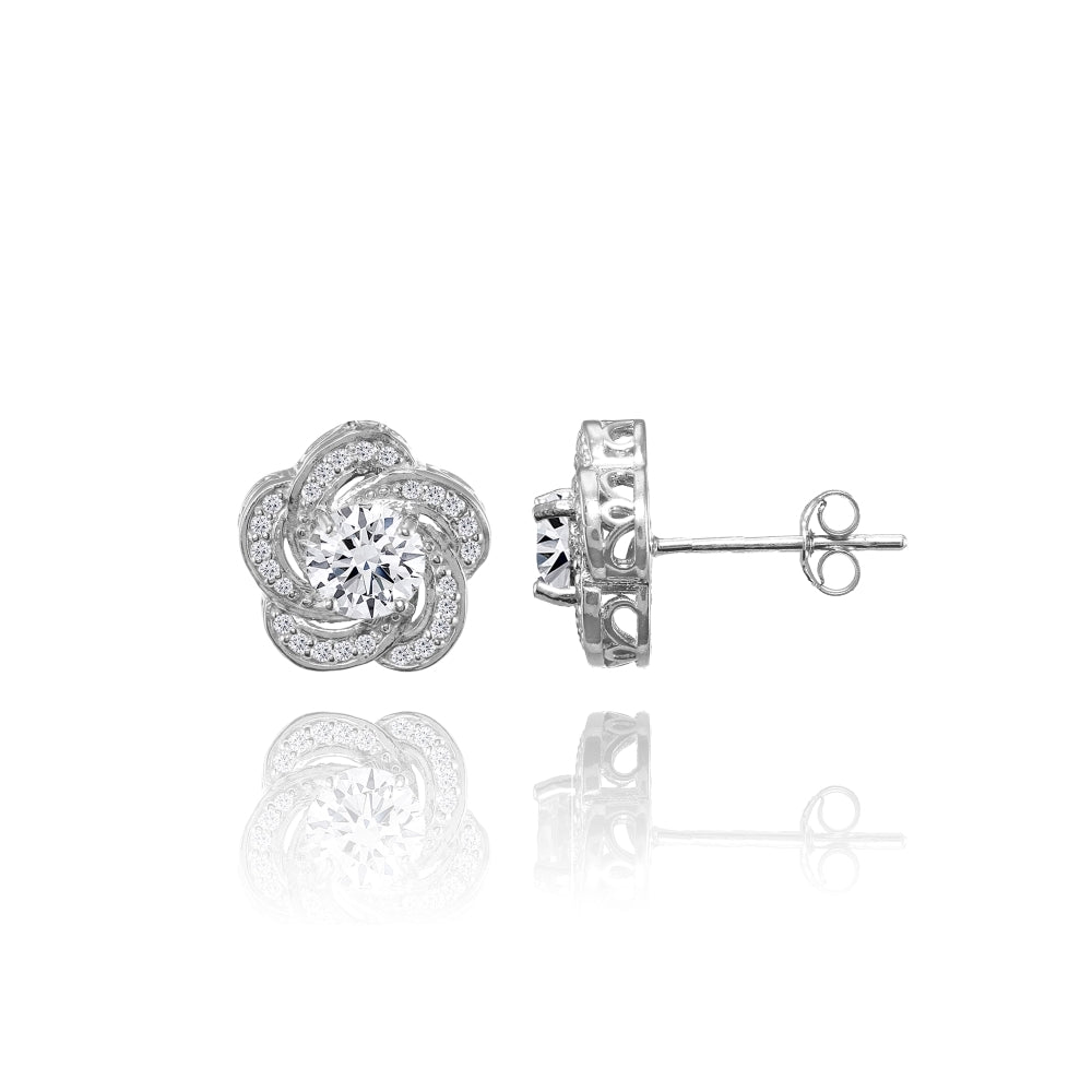 Sterling Silver Cubic Zirconia Swirl Flower Stud Earrings