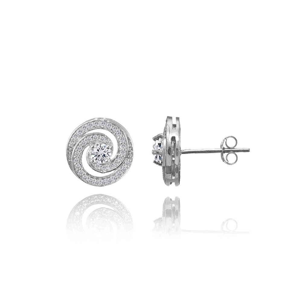 Sterling Silver Cubic Zirconia Round Swirl Stud Earrings