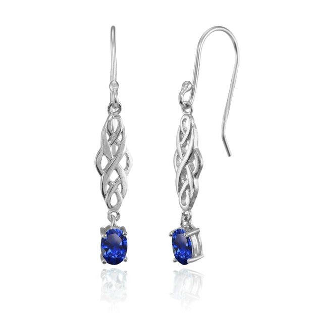 Sterling Silver Created Blue Sapphire Oval Celtic Knot Drop Dangle Earrings