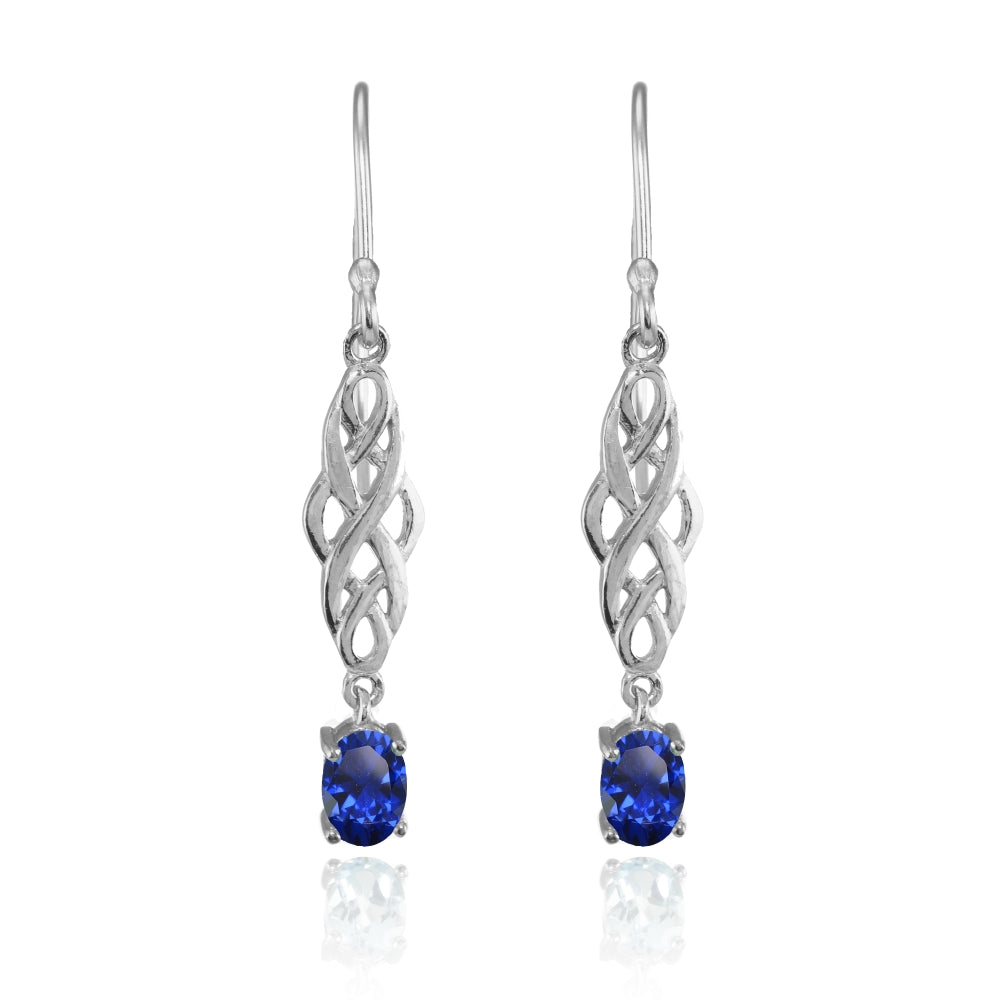Sterling Silver Created Blue Sapphire Oval Celtic Knot Drop Dangle Earrings-2