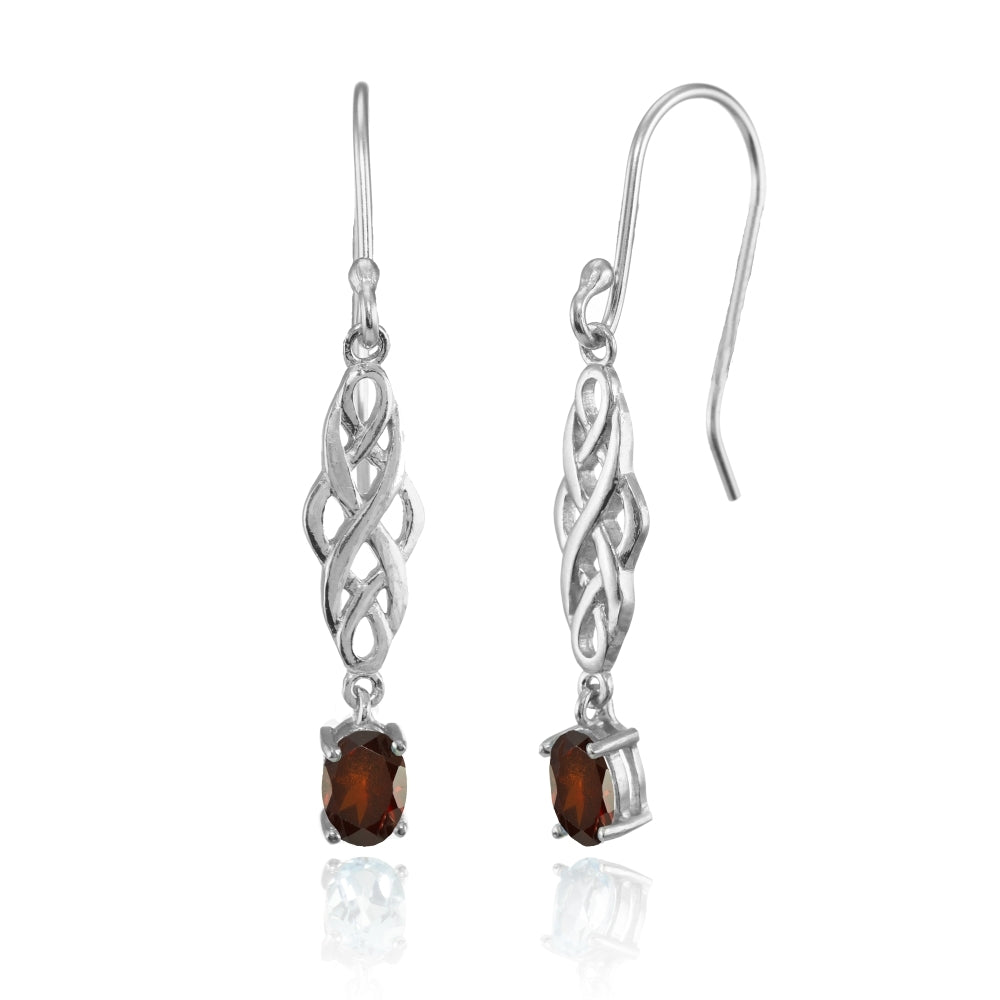 Sterling Silver Garnet Oval Celtic Knot Drop Dangle Earrings