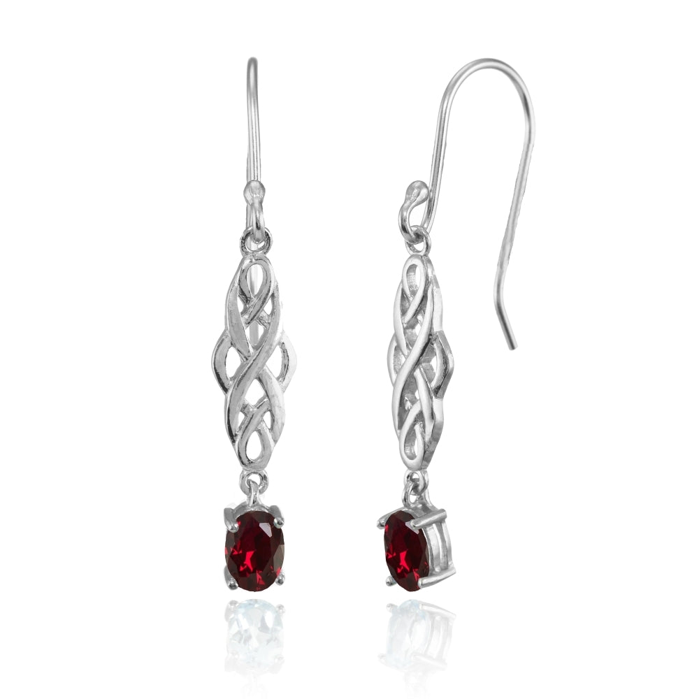 Sterling Silver Created Ruby Oval Celtic Knot Drop Dangle Earrings