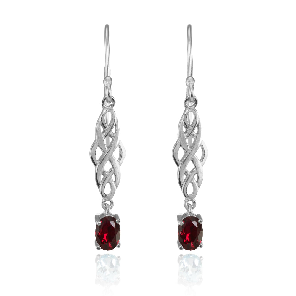 Sterling Silver Created Ruby Oval Celtic Knot Drop Dangle Earrings-2