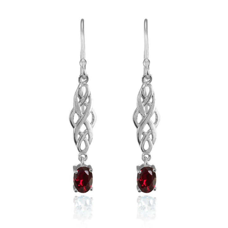 Sterling Silver Created Ruby Oval Celtic Knot Drop Dangle Earrings