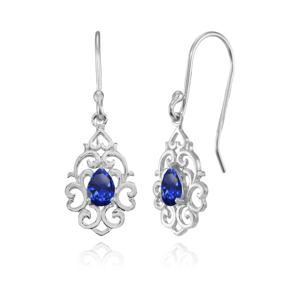 Sterling Silver Created Blue Sapphire Filigree Heart Teardrop Dangle Earrings