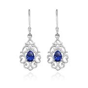 Sterling Silver Created Blue Sapphire Filigree Heart Teardrop Dangle Earrings
