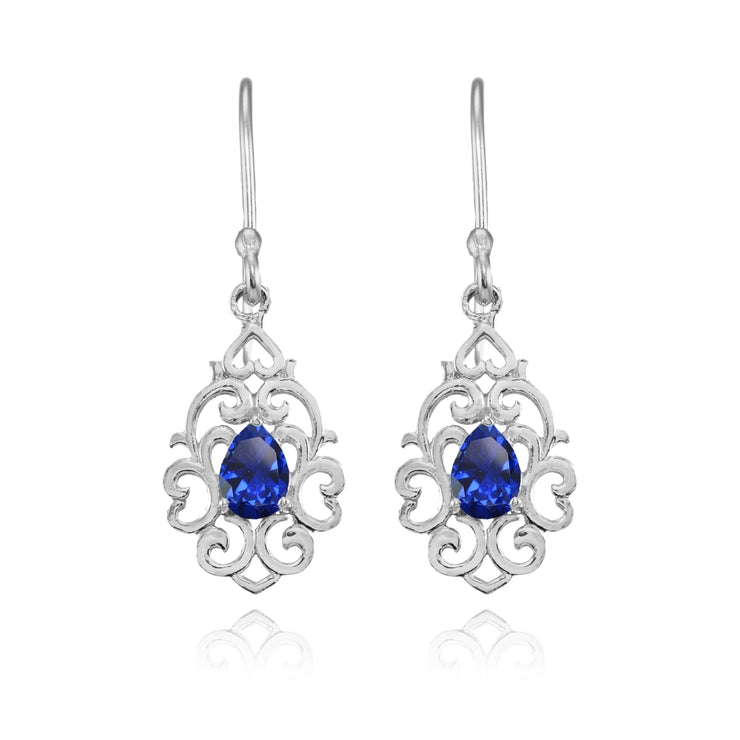 Sterling Silver Created Blue Sapphire Filigree Heart Teardrop Dangle Earrings
