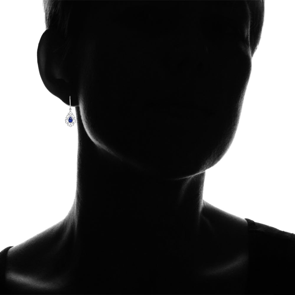 Sterling Silver Created Blue Sapphire Filigree Heart Teardrop Dangle Earrings-3