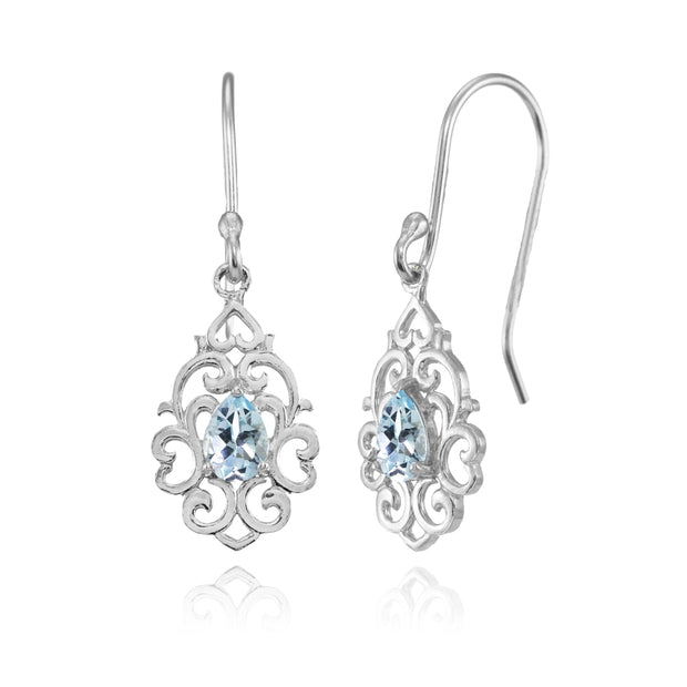 Sterling Silver Blue Topaz Filigree Heart Teardrop Dangle Earrings