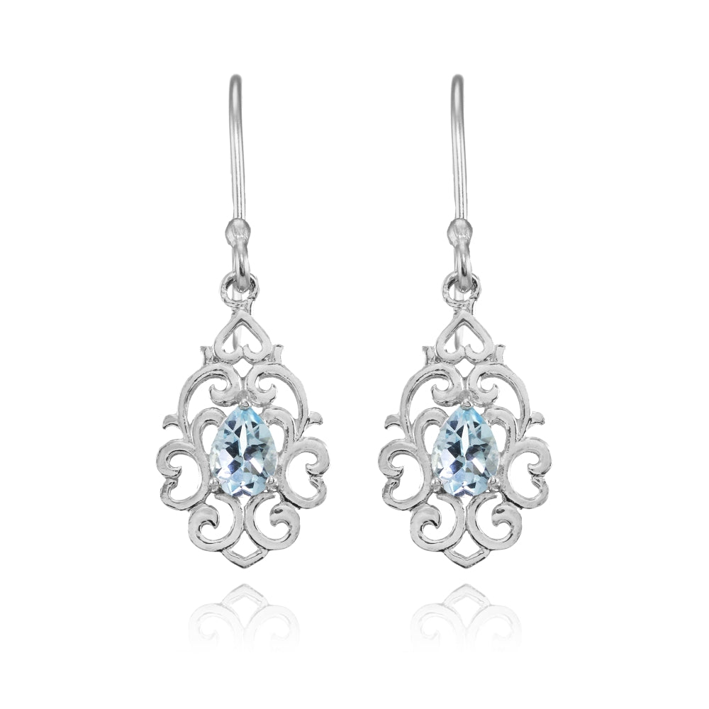 Sterling Silver Blue Topaz Filigree Heart Teardrop Dangle Earrings-2