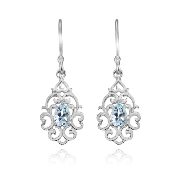 Sterling Silver Blue Topaz Filigree Heart Teardrop Dangle Earrings