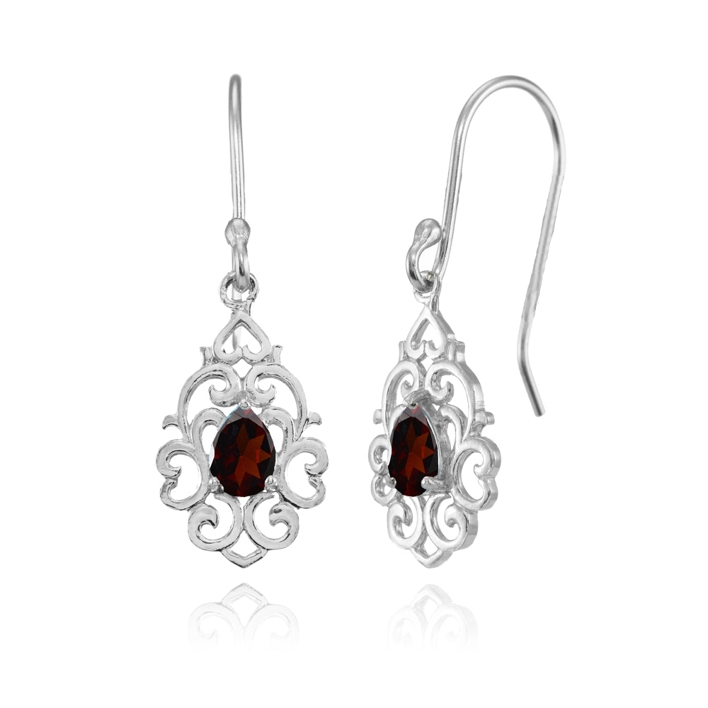 Sterling Silver Garnet Filigree Heart Teardrop Dangle Earrings