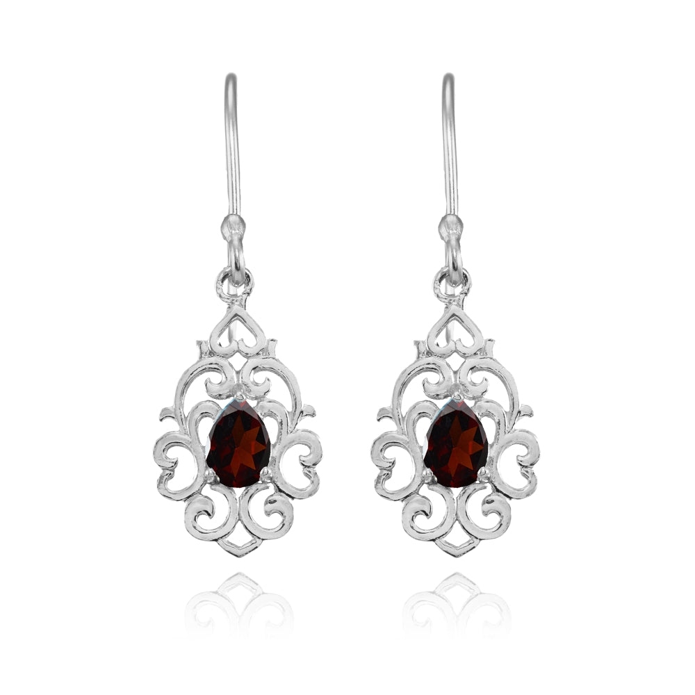 Sterling Silver Garnet Filigree Heart Teardrop Dangle Earrings-2