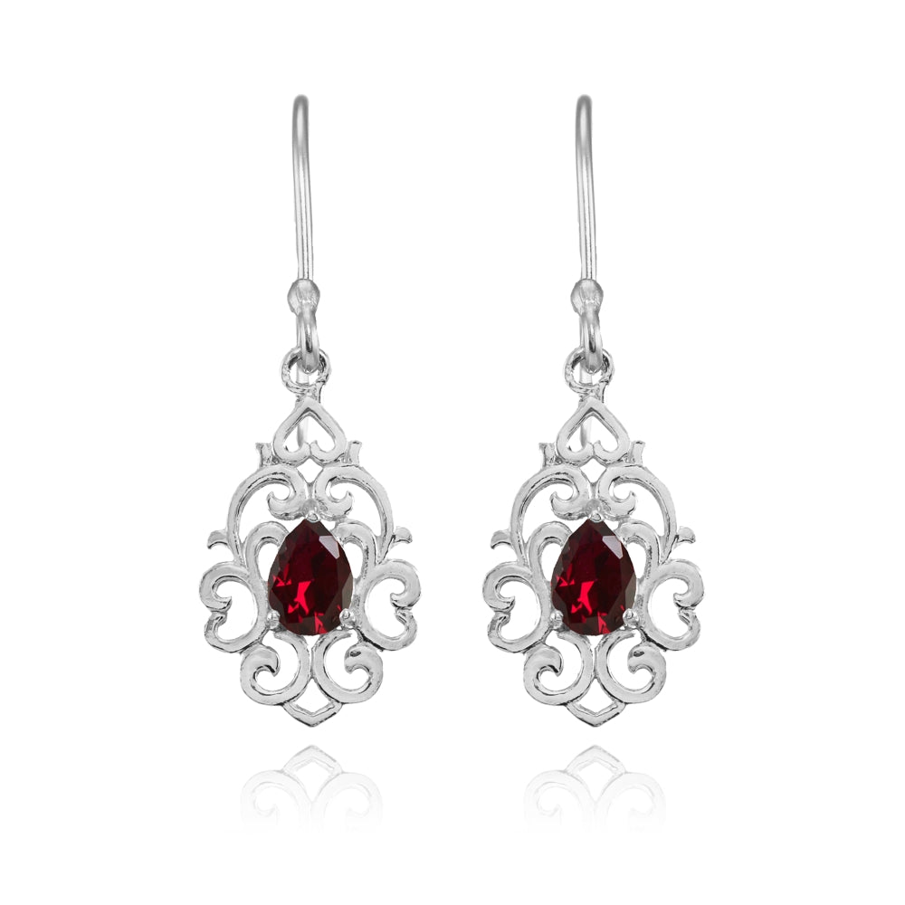 Sterling Silver Created Ruby Filigree Heart Teardrop Dangle Earrings-2
