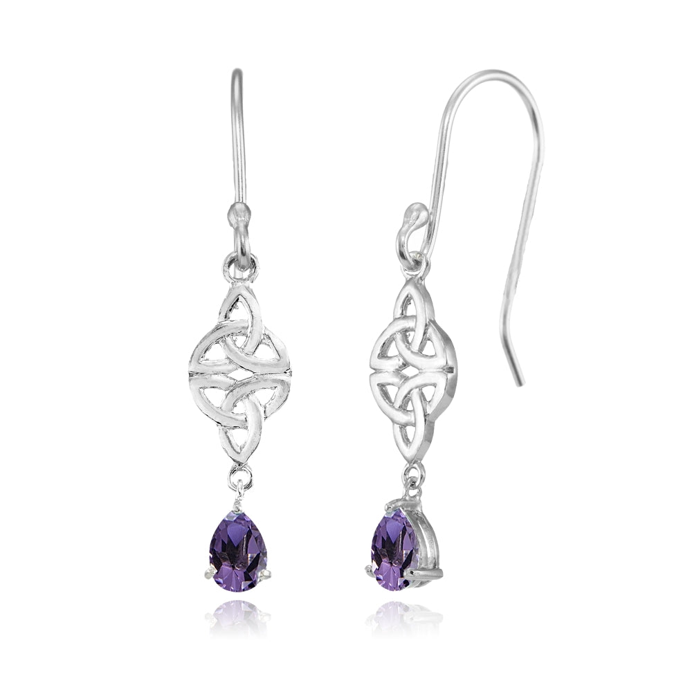 Sterling Silver African Amethyst Celtic Trinity Knot Teardrop Dangle Drop Earrings