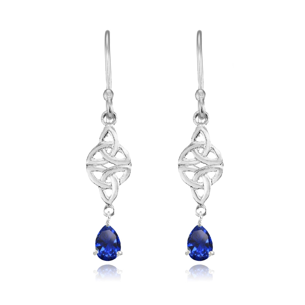 Sterling Silver Created Blue Sapphire Celtic Trinity Knot Teardrop Dangle Drop Earrings-2
